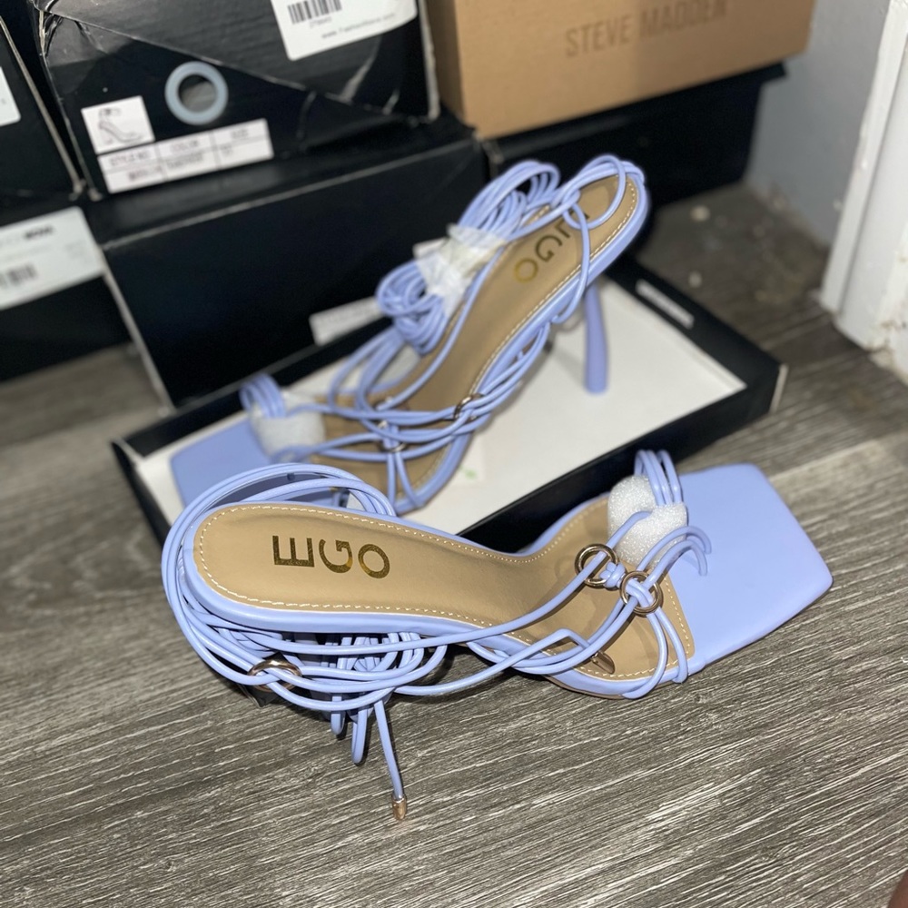 Vantage Knotted Ring Detail Strappy Lace Up Square Toe Heel Lilac Faux Leather